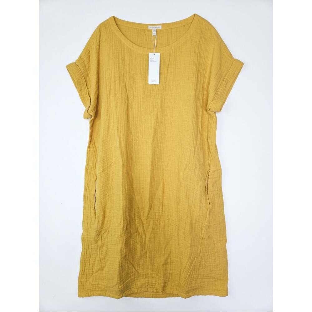 NEW Eileen Fisher L Marigold Yellow Organic Cotton Lofty Gauze Dress Lagenlook